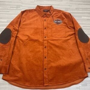 Harley Davidson Corduroy Button Up Orange Shirt Mens big 5XL  Elbow Patches LS